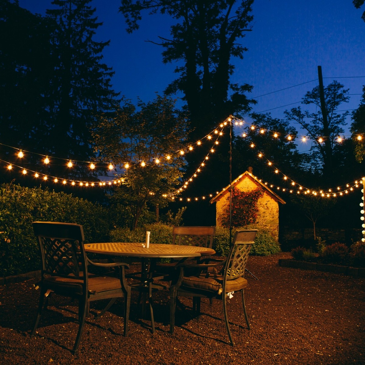 Bistro lights in backyard, outdoor entertaining space
