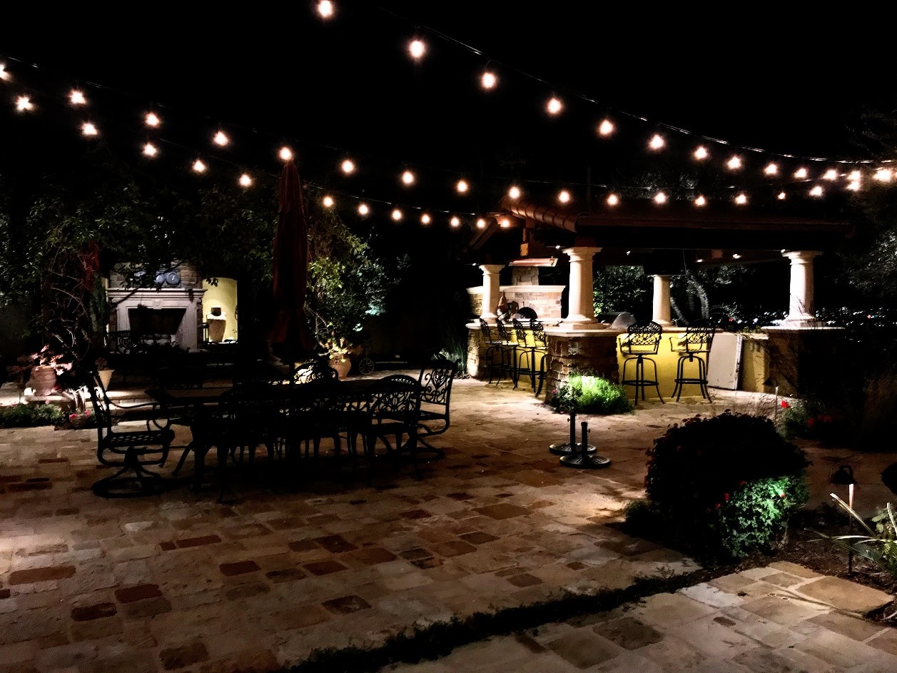 Bistro string lights over outdoor patio, Raleigh NC