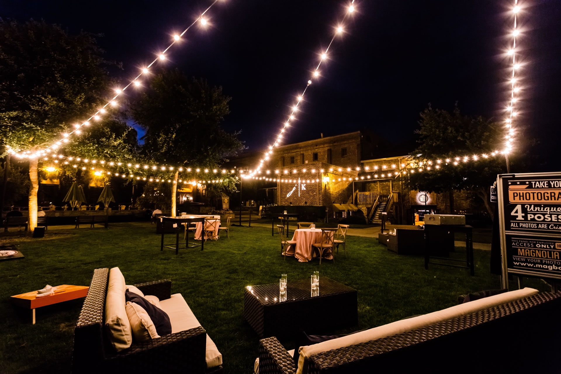 Bistro lights at outdoor event venue