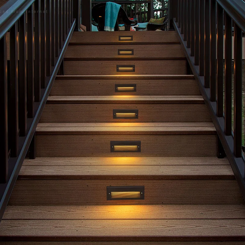 Illuminated deck stair risers at night