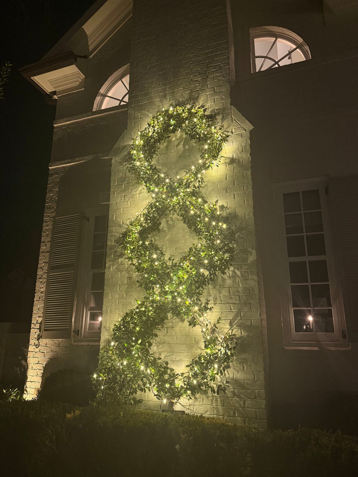 Climbing vine on a brick chimney lit with warm white string lights as a custom holiday accent