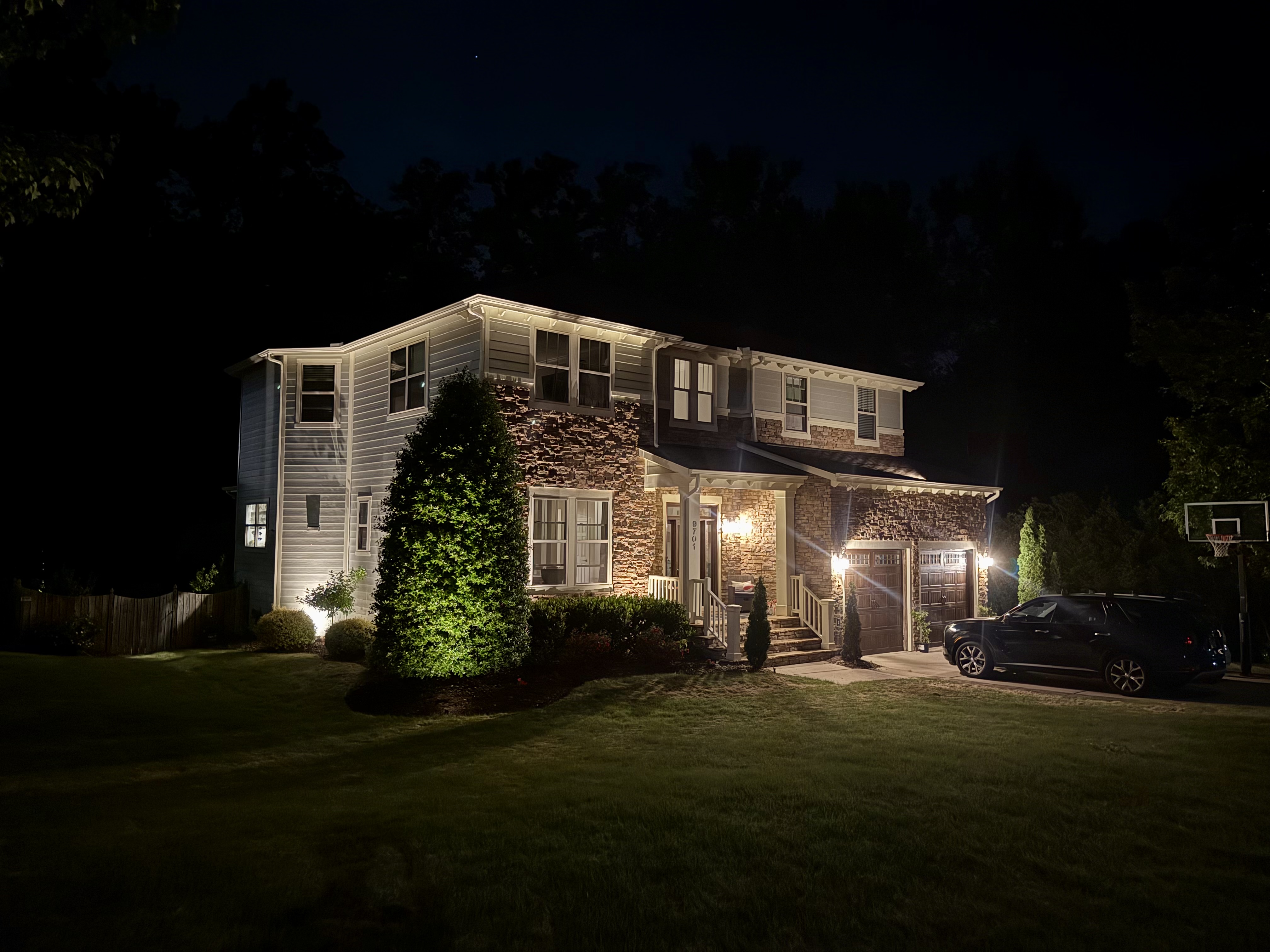 Stone home landscape and garden lighting, Raleigh NC