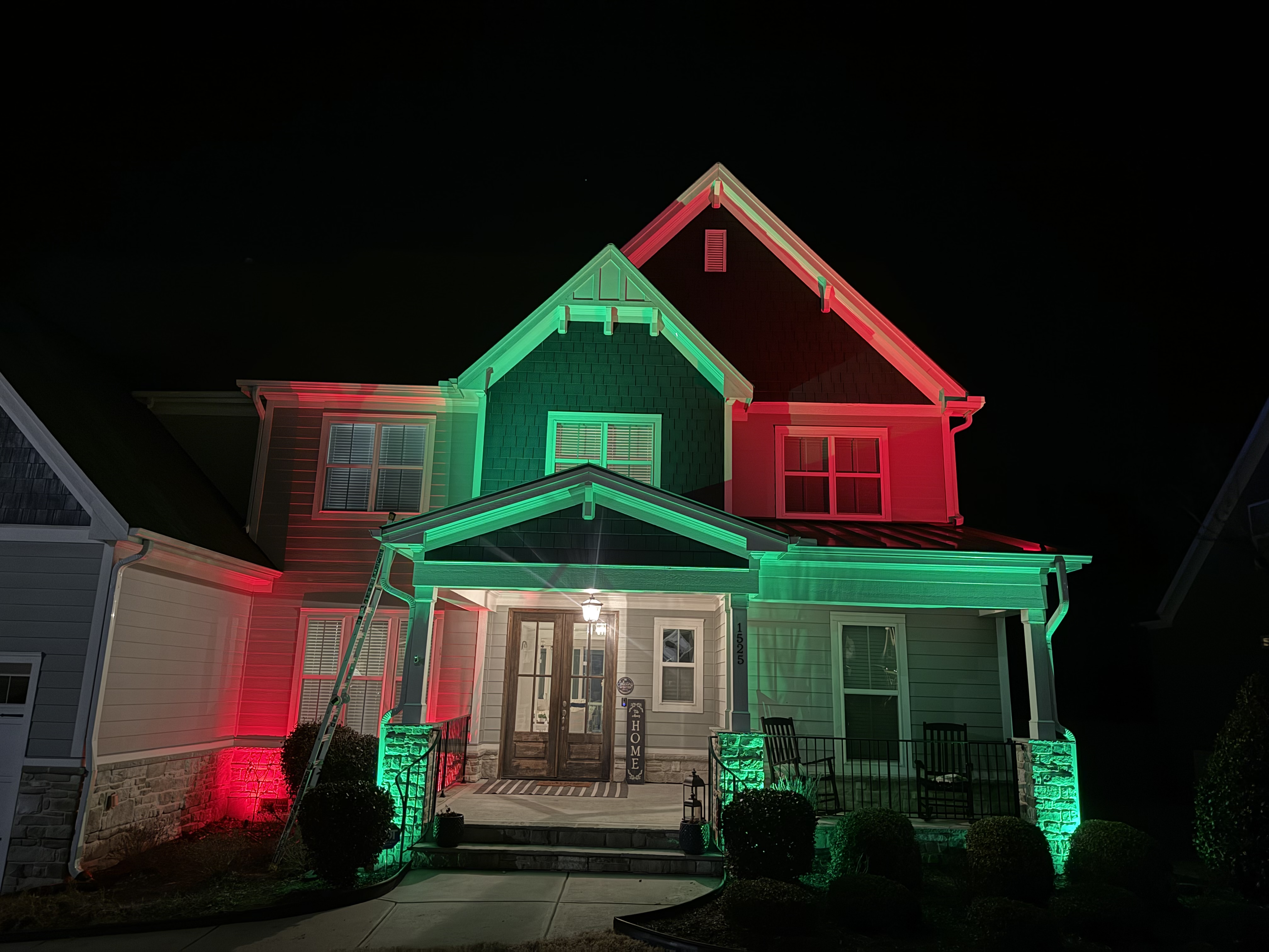 Holiday roofline color lighting, Raleigh home