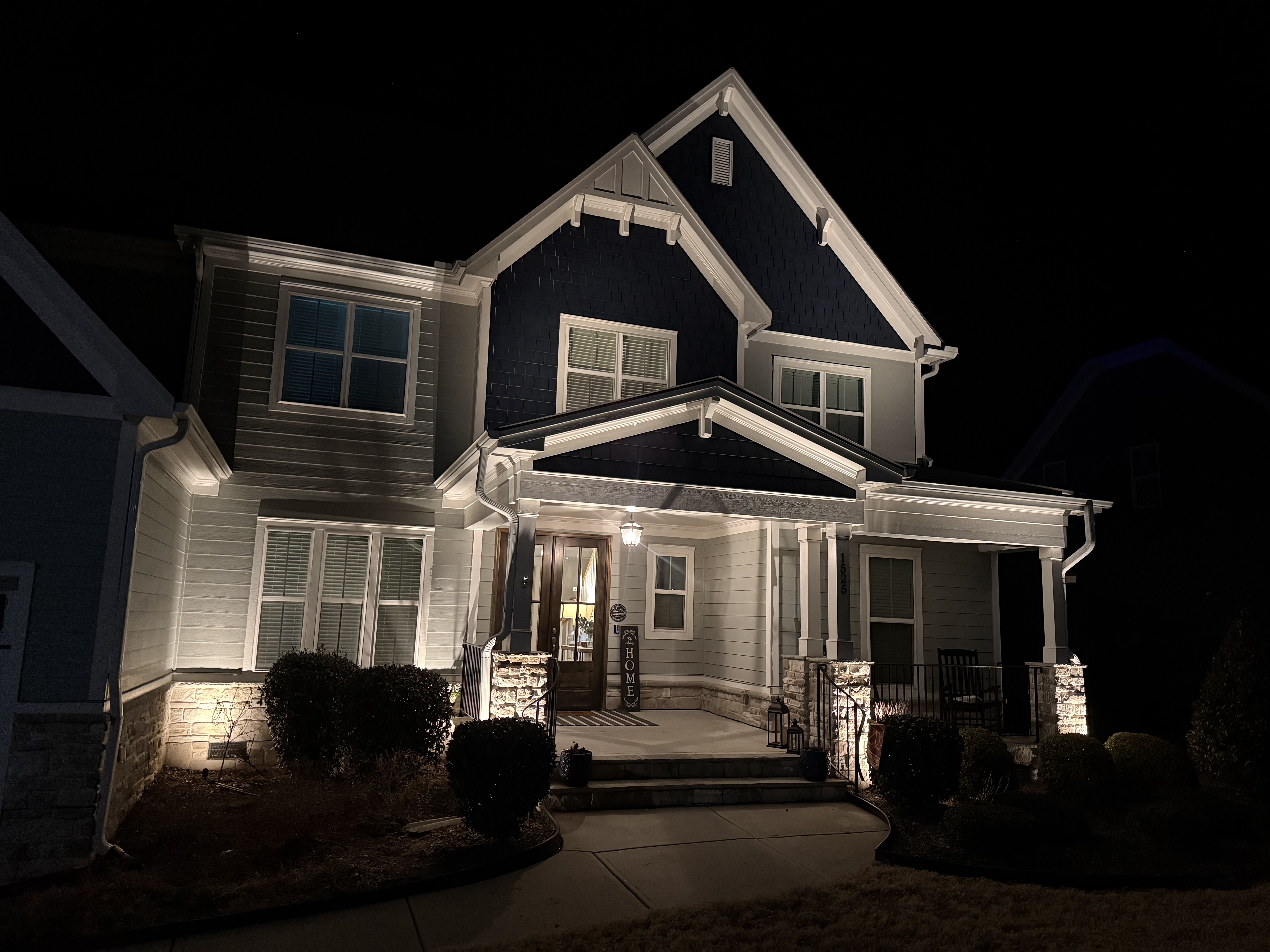 Architectural facade uplighting, Raleigh craftsman home